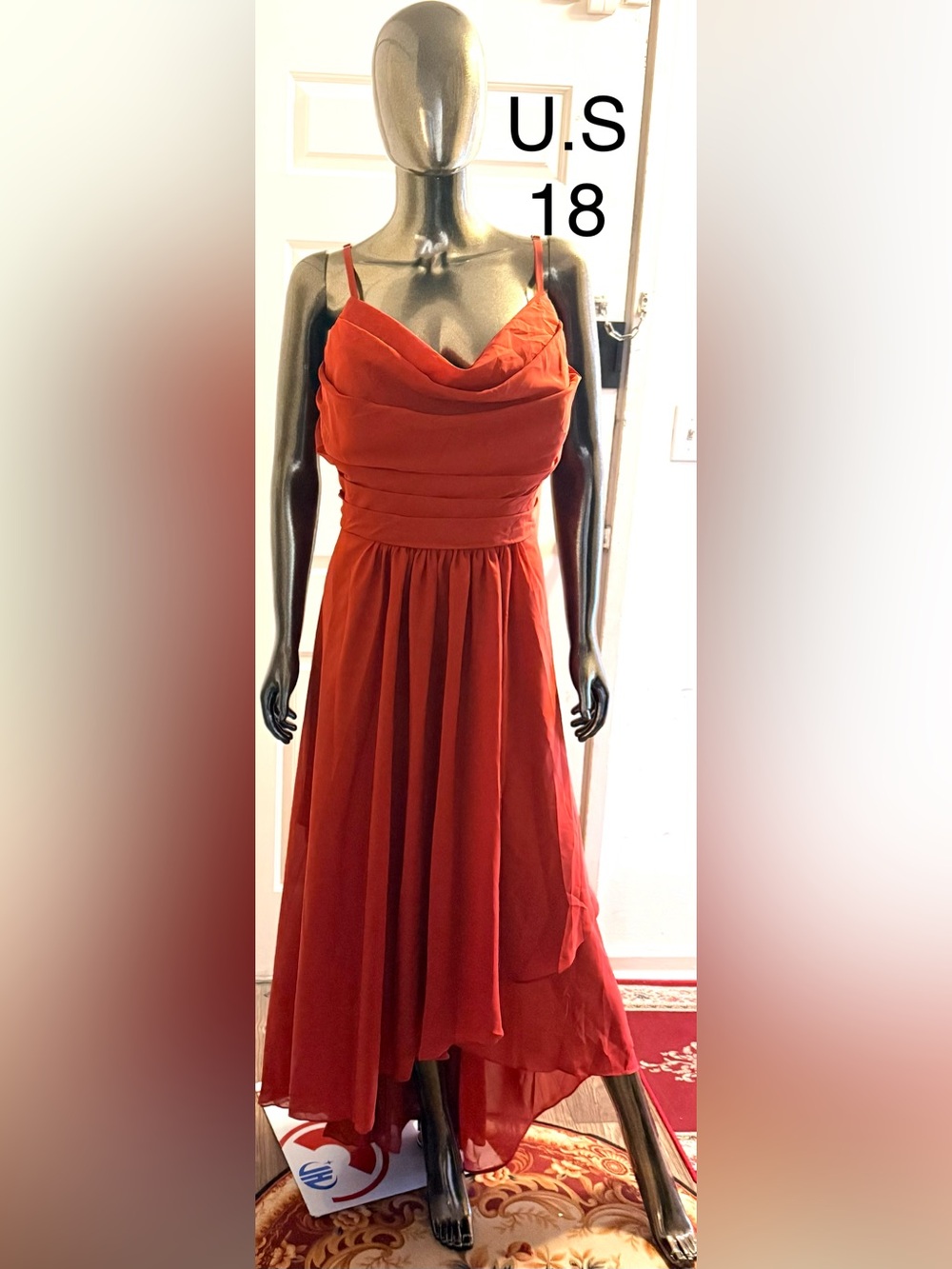 Red Strapless Cowl Neck Midi Dress with Draped Bodice
